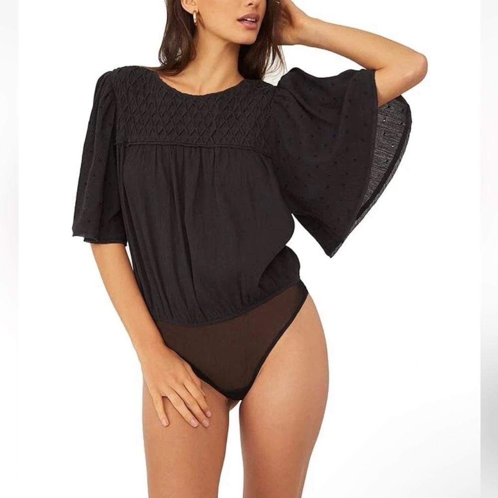 Free People NWT‎ Intimately Perfect Catch Bodysuit Size Small Black Bell Sleeve